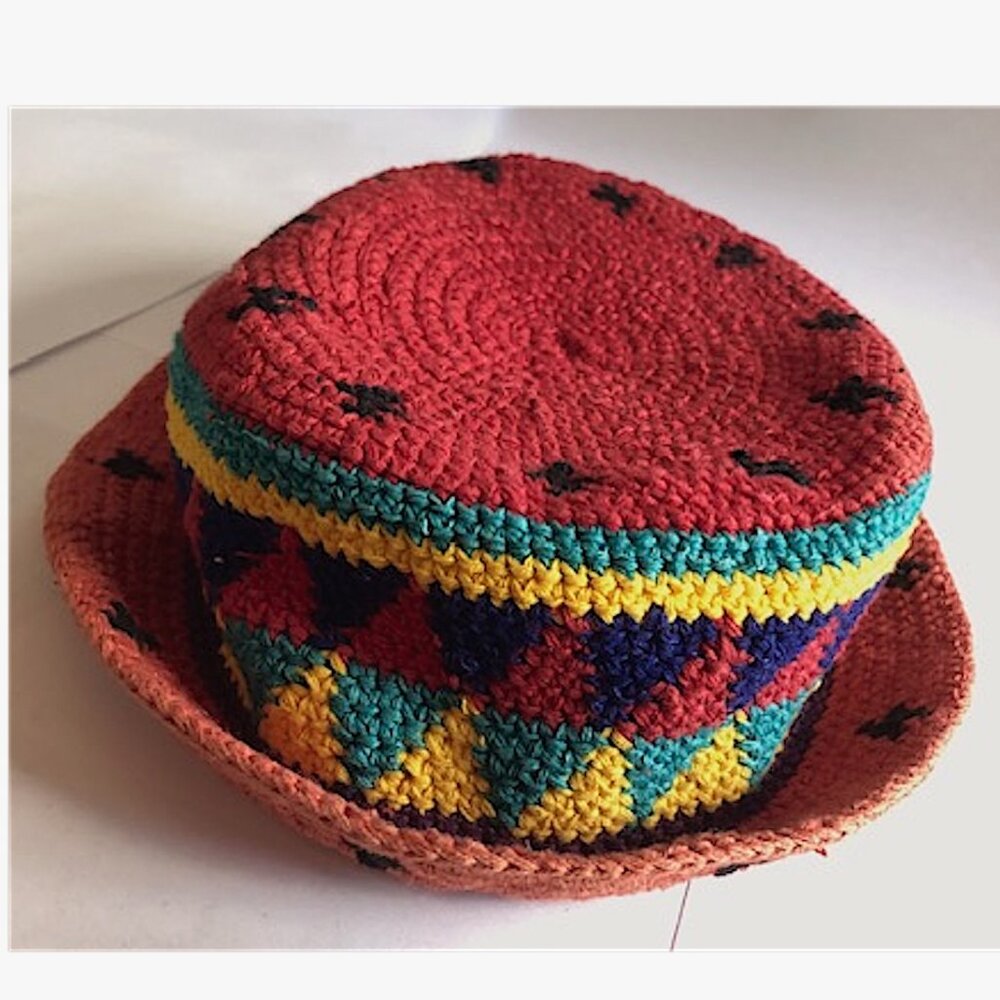 Vtg 70's Colorful Crocheted Small Hippie Boho Beanie Bucket Hat Cap Guatemala
